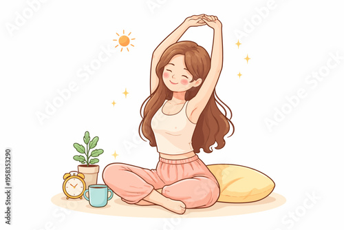 Young caucasian female relaxing and stretching in cozy morning setting with coffee and plants