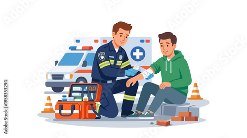 Paramedic provides first aid to injured young man.