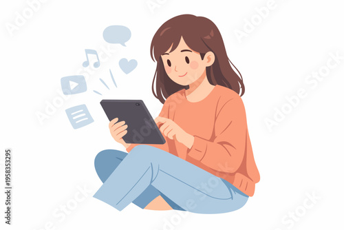 Asian female teen engaging with digital content on tablet
