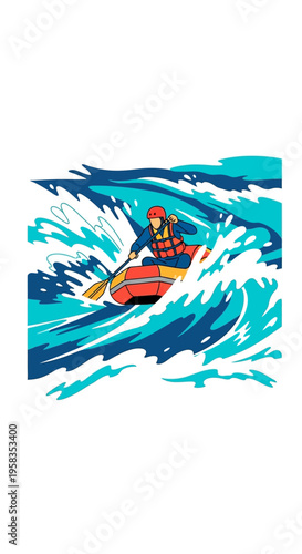 Person navigating turbulent whitewater rapids in a raft.
