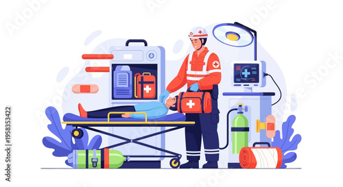 Paramedic providing emergency medical care to patient on stretcher.