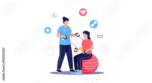 Physical therapist assisting patient with resistance band exercise.