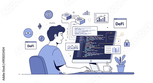 Programmer working on computer with DeFi symbols and charts.