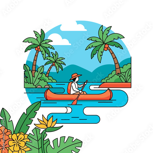 Person paddling an orange canoe on a calm blue river.