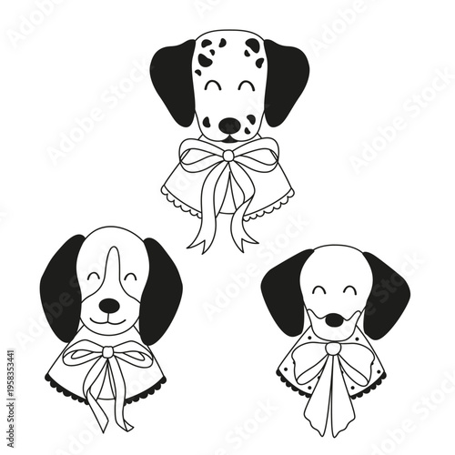 outline set of isolated Dog Faces wearing a bows