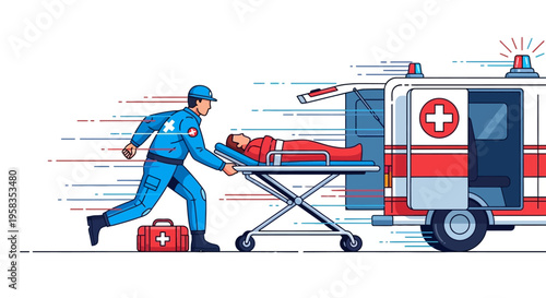 Paramedic rushes patient on stretcher to ambulance.