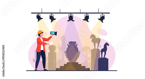 Person photographing museum exhibit with smartphone.