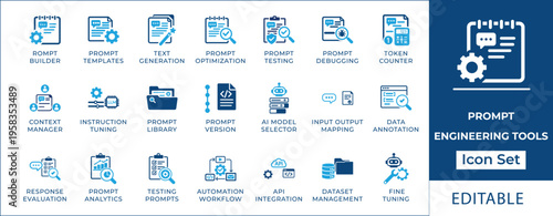 Prompt engineering tools icon set featuring prompt builder, text generation, AI model selector, instruction tuning, prompt analytics, and dataset management symbols.