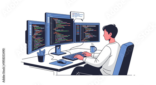 Programmer working diligently on multiple computer screens.