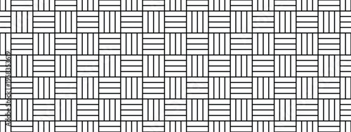 Seamless Basket Weave Geometric Pattern, Black and White Minimalist Vector Texture with Interlocking Square Grid and Linear Parquet Style Design