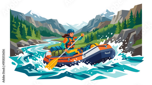 Person rafting down a wild river in a raft.