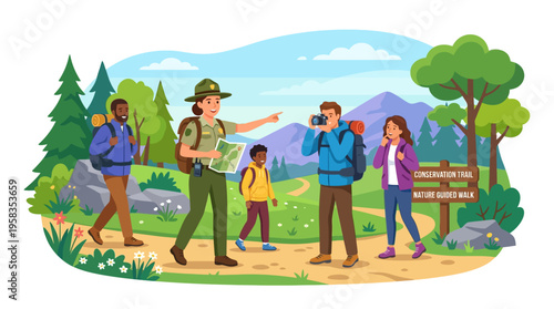 Park Ranger Guides Tourists on Nature Trail.