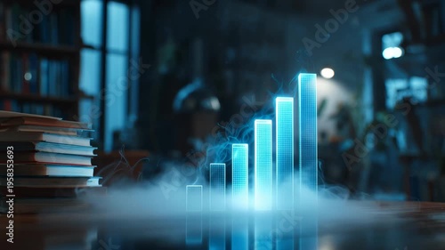 In a warm, inviting study, glowing blue holographic bars showcase impressive growth. Books surround the space, creating an atmosphere filled with knowledge and creativity.