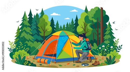 Person setting up colorful tent in forest.