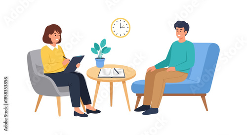 Psychologist and patient in therapy session discussing mental health.