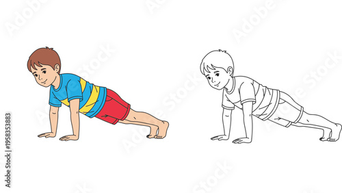 Little Boy Performing Push-Up Exercise, Healthy Lifestyle and Physical Education Concept for Children, Colored Illustration and Line Art Vector Set for Coloring Book and Educational Material