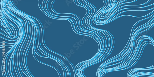 Background abstract line art with flowing light blue design on blue surface, suitable for website background or artistic project backgrounds.