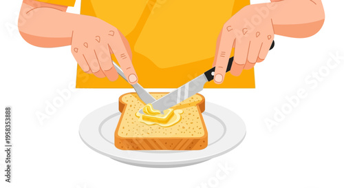 Person spreading butter on toast with knife.