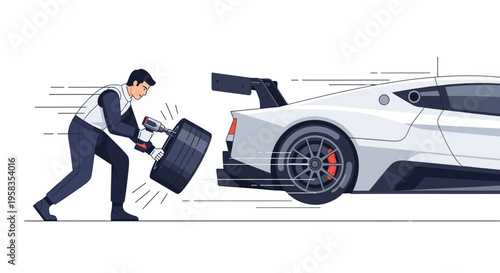 Race car driver changing tire during pit stop.