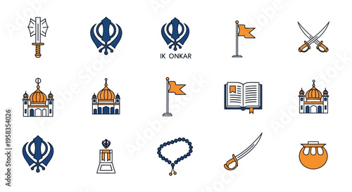 Baisakhi, Set of 15 Sikhism religious symbols and objects vector icons for spiritual and cultural design