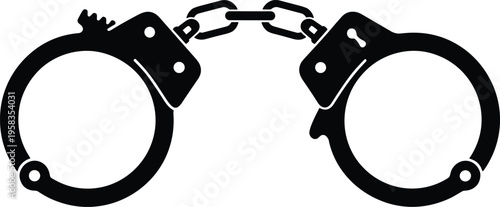 Black Handcuffs Silhouette Icon with Metal Chain for Criminal Justice, Police Security, Law Enforcement Graphic, and Prison Shackles Vector Design
