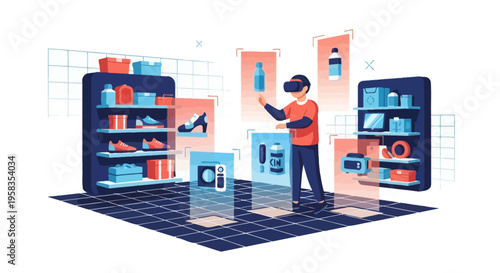 Person using virtual reality headset in a digital store.