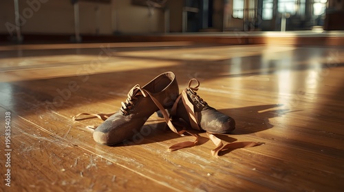 Pair of Worn Vintage Dance Shoes on a Wooden Studio Floor with Dramatic Sunlight
