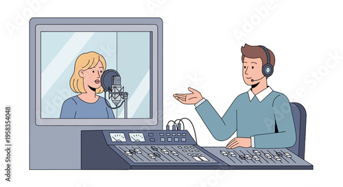 Radio studio recording session with host and guest.