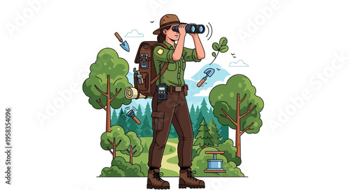 Park Ranger Observing Wildlife with Binoculars in Nature.