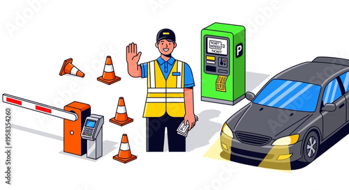 Parking attendant controlling traffic with cones and barrier.