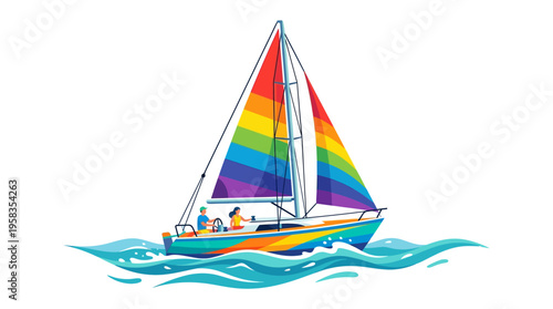 Rainbow Sailboat Sailing on Wavy Blue Water.