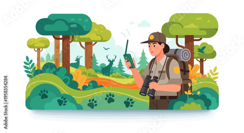 Park Ranger with Radio and Rifle in Wilderness.