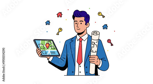 Real estate agent holding tablet with map and blueprints.