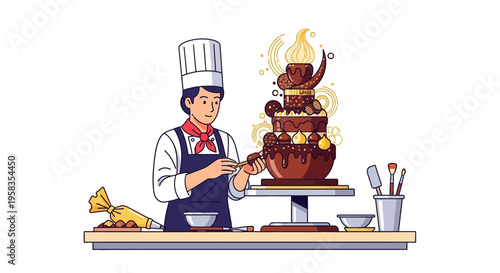 Pastry Chef Decorating Elaborate Chocolate Cake Masterpiece.