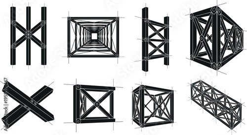 Abstract geometric construction shapes set with sketch lines, wireframe structures, architectural design elements, modern black vector illustration collection
