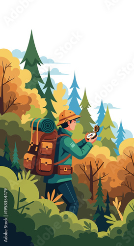 Person with backpack exploring a forest environment.