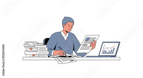 Person working diligently at a desk with documents and laptop.