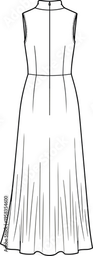 Technical fashion sketch of sleeveless mock neck maxi dress with back zipper and flared skirt, CAD drawing flat vector illustration