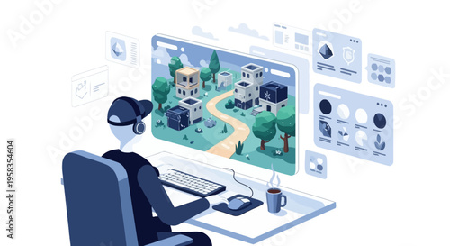 Person working on computer with virtual reality interface.