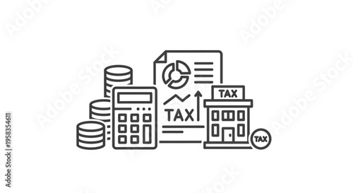 A minimalist vector graphic illustrating tax concepts with a calculator, coins, and documents.