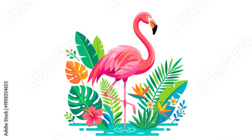 Pink Flamingo Standing Tall Amidst Lush Tropical Foliage.
