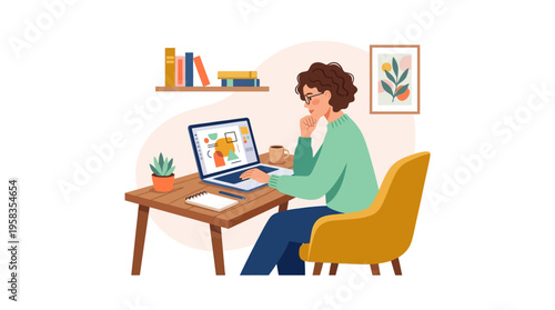 Person working on laptop at desk illustration.