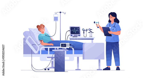 Patient in Hospital Bed with Medical Equipment and Nurse.