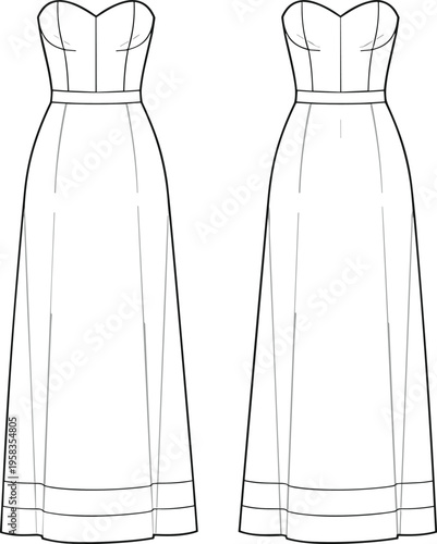 Technical fashion sketch of sleeveless mock neck maxi dress with back zipper and flared skirt, CAD drawing flat vector illustration