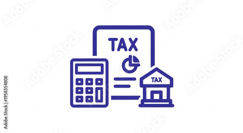 A minimalist vector graphic illustrating tax concepts with a calculator, document, and house icon.