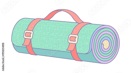 Rolled Up Green Sleeping Mat with Red Straps.