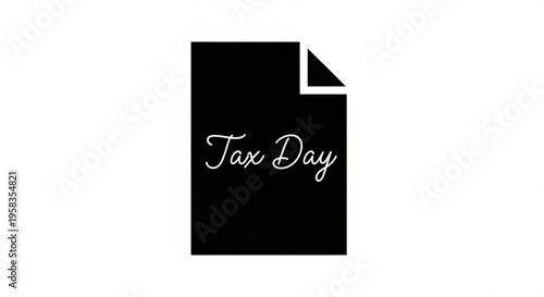 A minimalist vector graphic illustration of a black document icon with the words 'Tax Day' written in white cursive font.