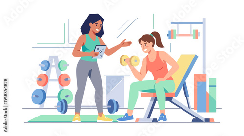 Personal trainer guiding woman lifting weights.