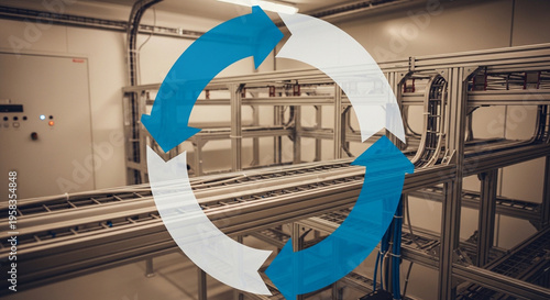 Automated Industrial Production Line with Circular Process Arrows.