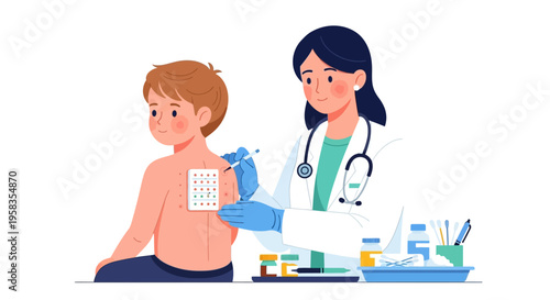 Pediatrician performing allergy skin test on young boy.